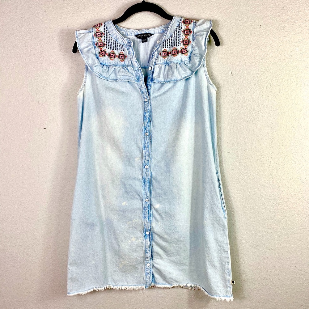 Lucky Brand Embroidered Light Denim Shift Dress